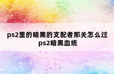 ps2里的暗黑的支配者那关怎么过 ps2暗黑血统